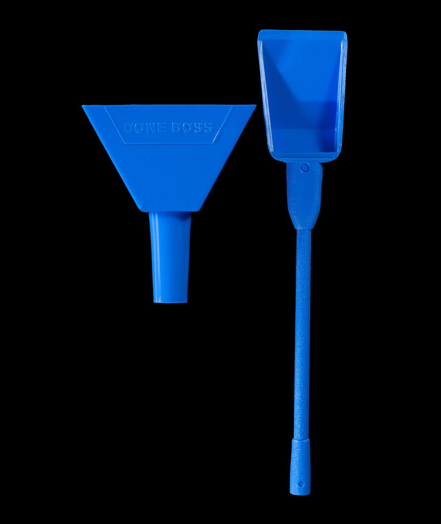 Blue Cone Boss — 3-in-1 pre-roll cone filler tool on black background