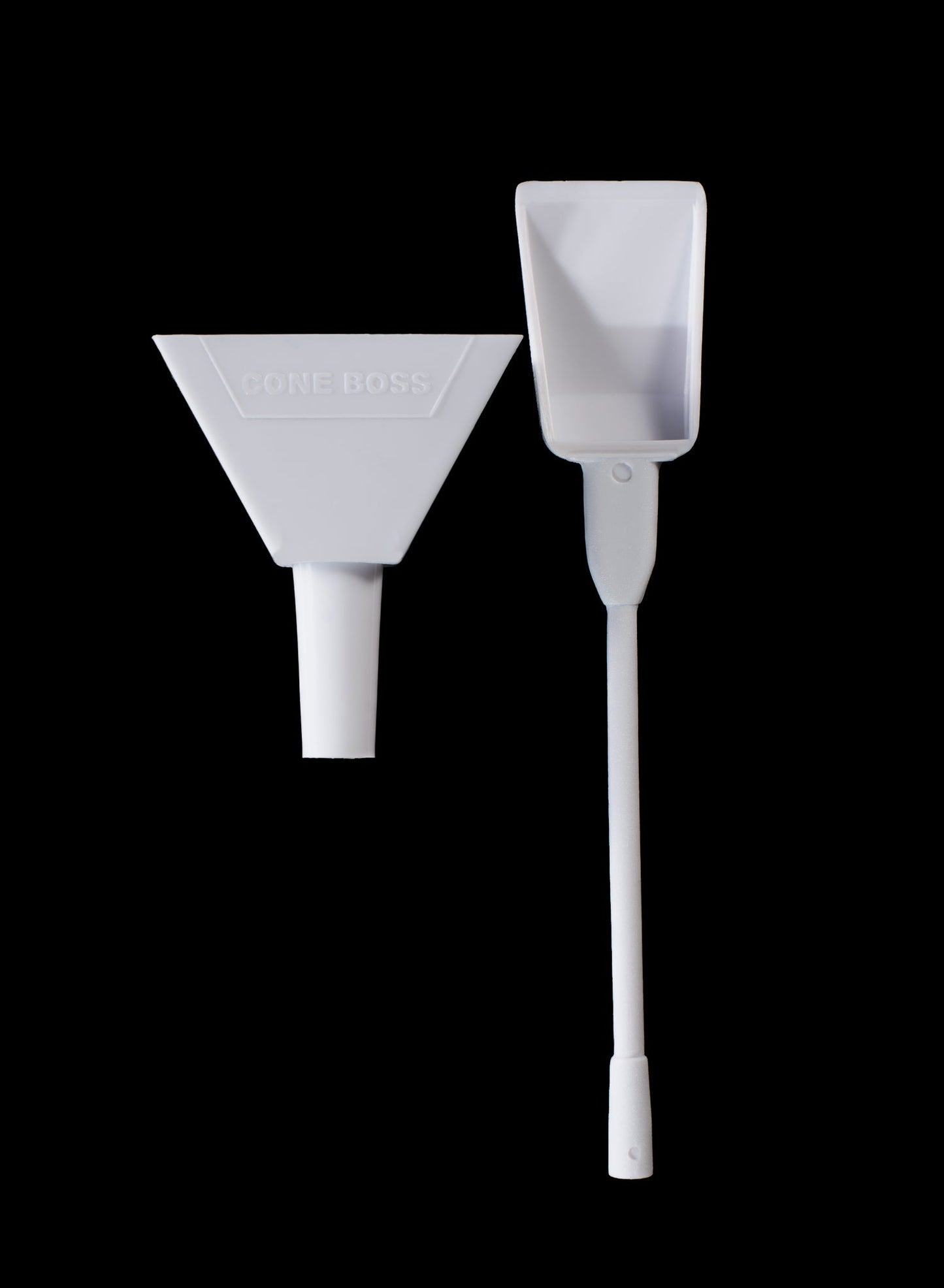 White Cone Boss — 3-in-1 pre-roll cone filler tool on black background