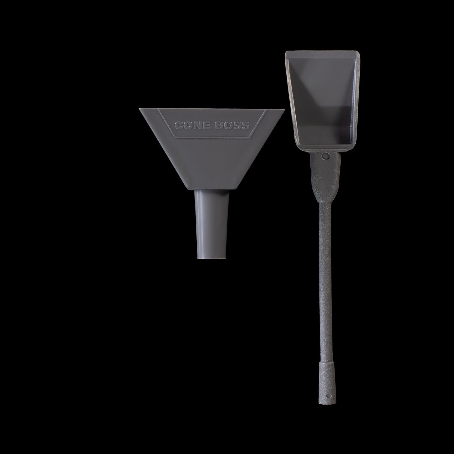 Grey Cone Boss — 3-in-1 pre-roll cone filler tool on black background